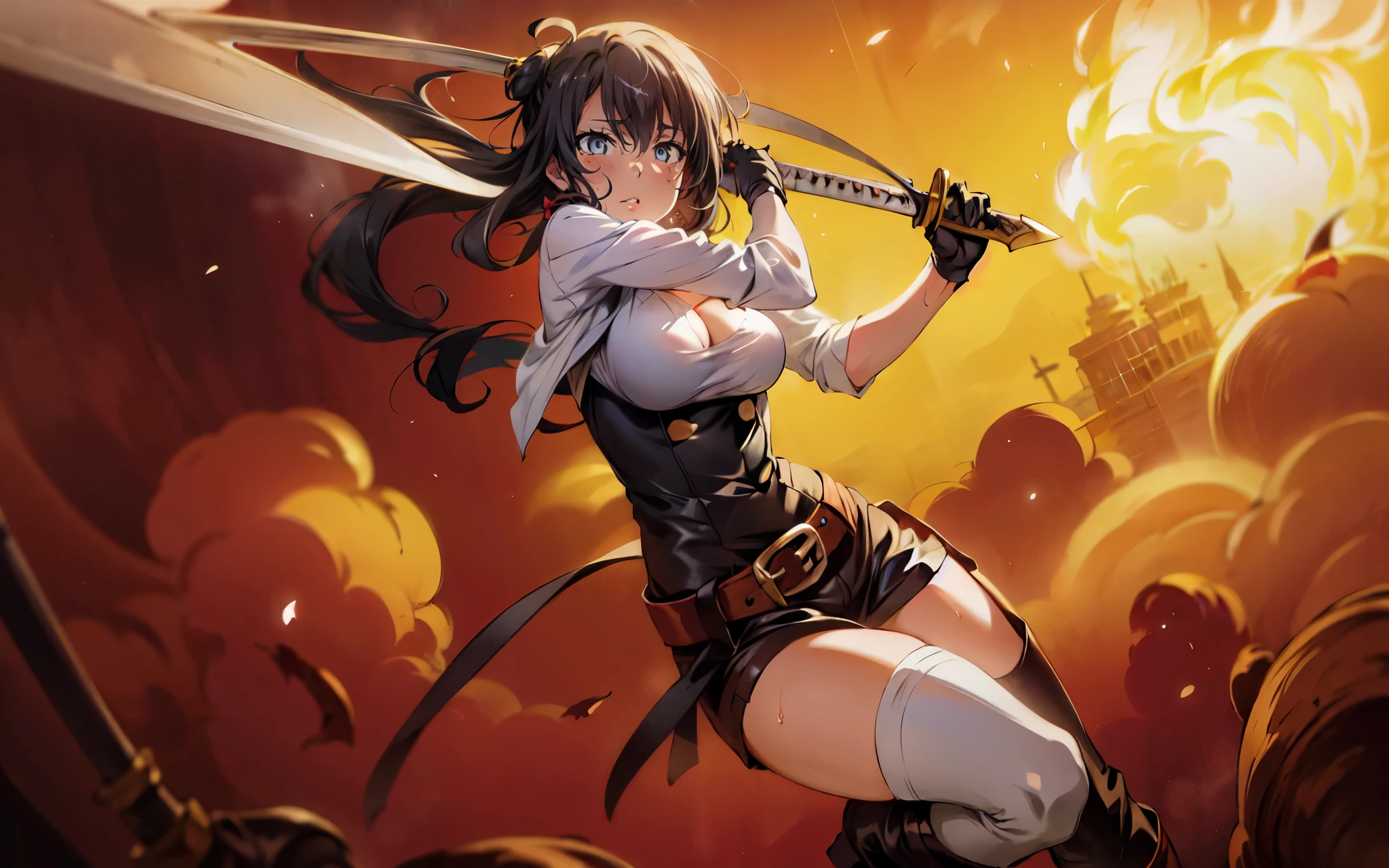 breasts, thighhighs,  weapon, 1girl, sword, belt, white_legwear, cleavage, katana, large_breasts, black_hair, holding, holding_sword, gloves, boots, long_hair, solo, sword, holding_sword, looking_at_viewer, black_gloves, smile, knee_boots, closed_mouth, fire, backlighting, spotlight, dusty, bokeh, torn,  sweating, steaming body, fog, (shaded face:1.2), hollow eyes, bright pupils,  grey eyes, looking at viewer. glowing eyes, (heavy breathing:1.2), expressionless, upper teeth, lips, 
