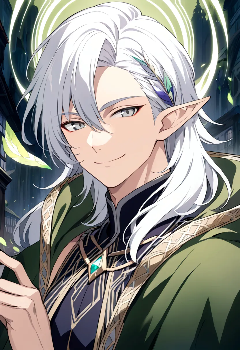 details, puple power in hand (effect), a closeup of a person with long white hair and a bow and arrows a portrait of a male elf,...