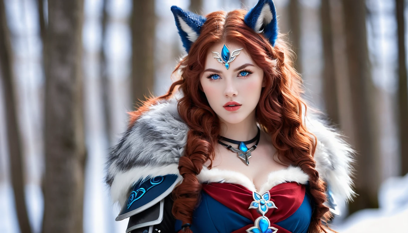 (SFW)A beautiful furry wolf, Wearing Nordic warrior costume,Long red curly hair,Wolf ears,blue eyes, thin lips, Round Face, plump, Warrior Wolf Woman, Momentum and perfection(SFW)