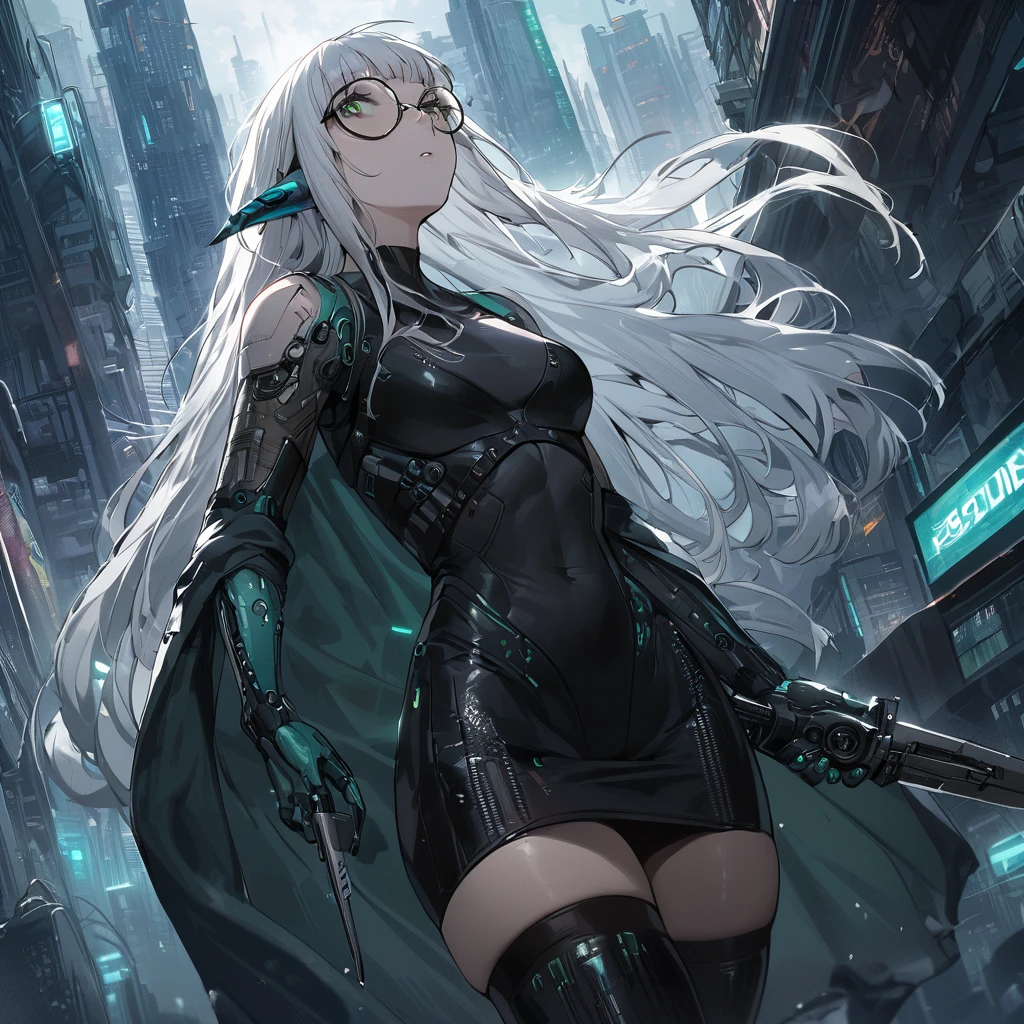 ((best quality)), ((masterpiece)), (detailed), 1girl, anime girl, city background, white hair, elf, thin horns, blue, punk, tech, jelly fish hair cut, holding dagger, tired, shaggy long hair, round glasses, messy, skin tight dress, looking up, computers, thigh highs, green eyes,, cyberpunk, cloak, gasmask