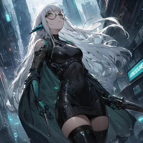 ((best quality)), ((masterpiece)), (detailed), 1girl, anime girl, city background, white hair, elf, thin horns, blue, punk, tech...