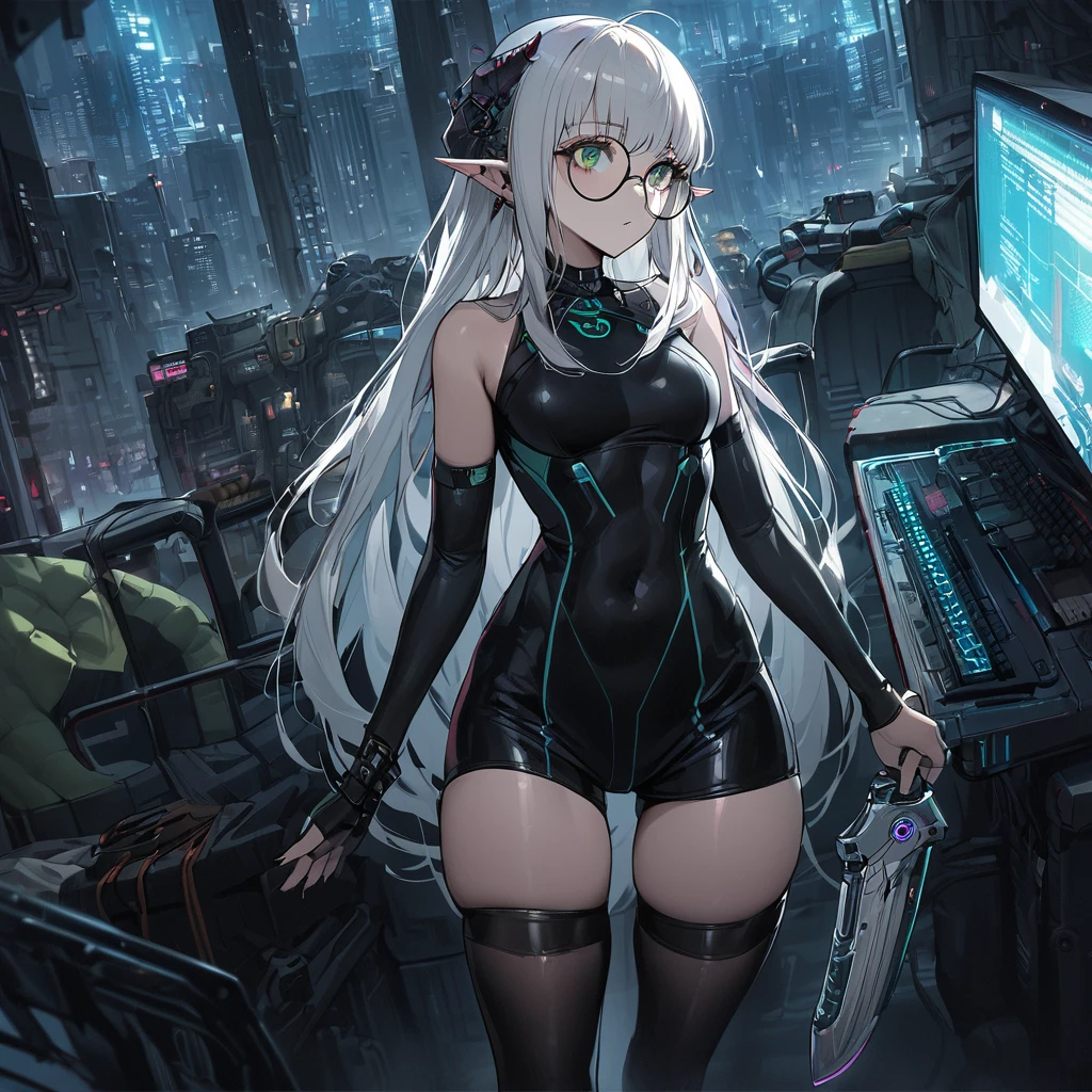 ((best quality)), ((masterpiece)), (detailed), 1girl, anime girl, city background, white hair, elf, thin horns, blue, punk, tech, jelly fish hair cut, holding dagger, tired, shaggy long hair, round glasses, messy, skin tight dress, looking up, computers, thigh highs, green eyes,, cyberpunk, cloak, gasmask