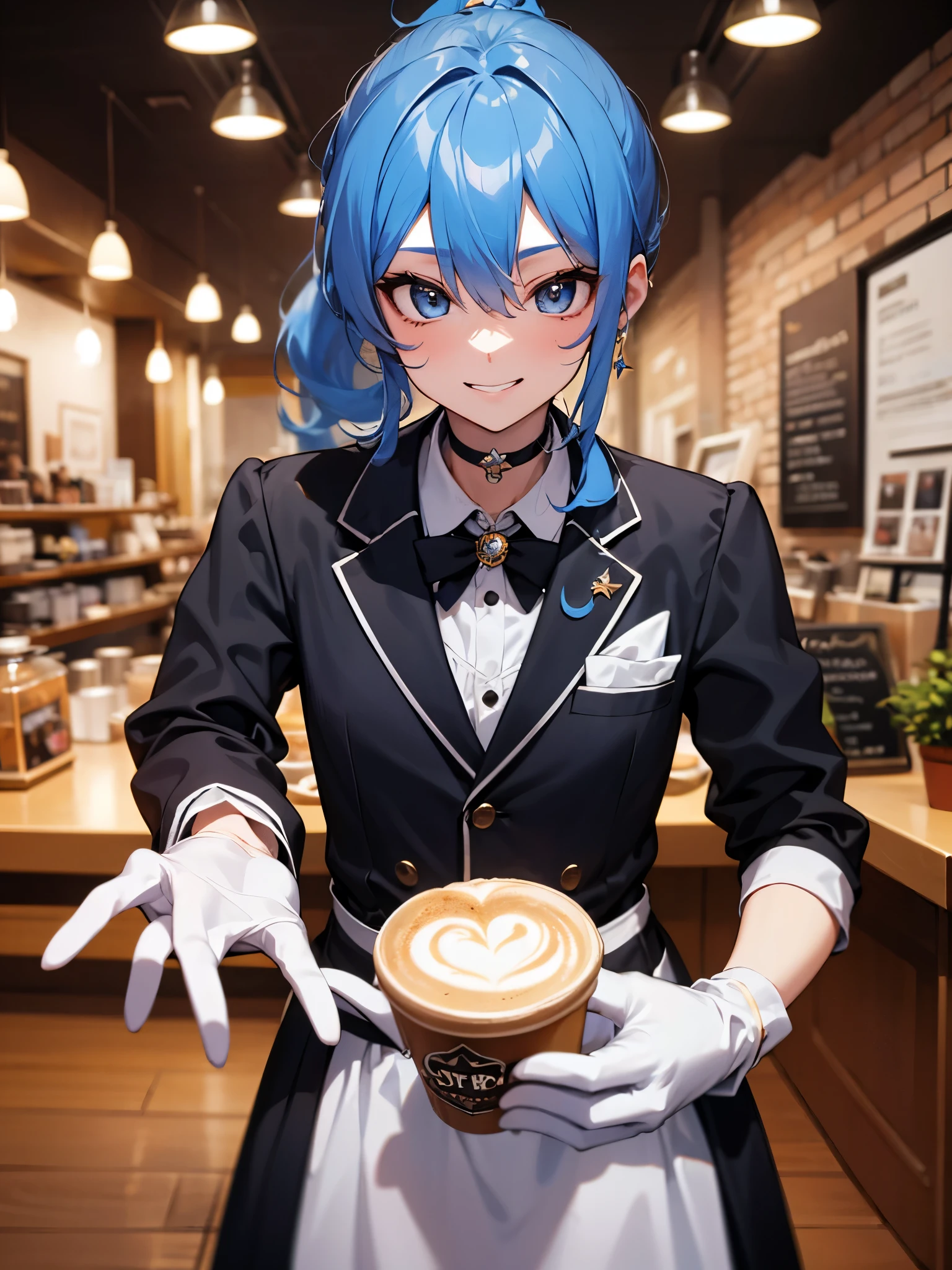 Star Town Suisei、blue eyes、Blue Hair、choker、Hair between the eyes、Medium Hair、ponytail、星のchoker,Tuxedo,White gloves,(Perfect hands),(Perfect Anatomy),(masterpiece),(highest quality),Cool smile,Coffee shop