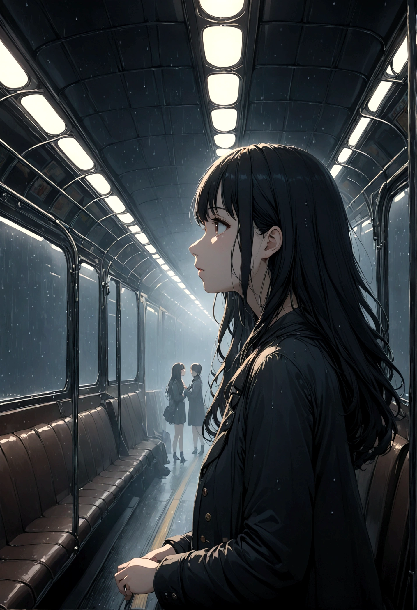 ((masterpiece), Absurd quality, 16k, detailed, (masterpiece:1.2), (pale_skin:1.2), (alone:1.2), (woman), thin, (Shine_eye), Long Hair, bangs, Black Hair, Outdoor, No sleeve, Dimly lit subway. The perspective camera captures the entire vehicle. In the carriage, At the very back, In a dark corner not well lit by the flashing lights,The lighting is so dim that I can barely see anything. The girl in profile is breathing in the cold air from her breath. A dim light shines in from outside through the cold raindrops on the fogged-up windows, illuminating the atmosphere inside the car..A girl with a calm and thoughtful expression