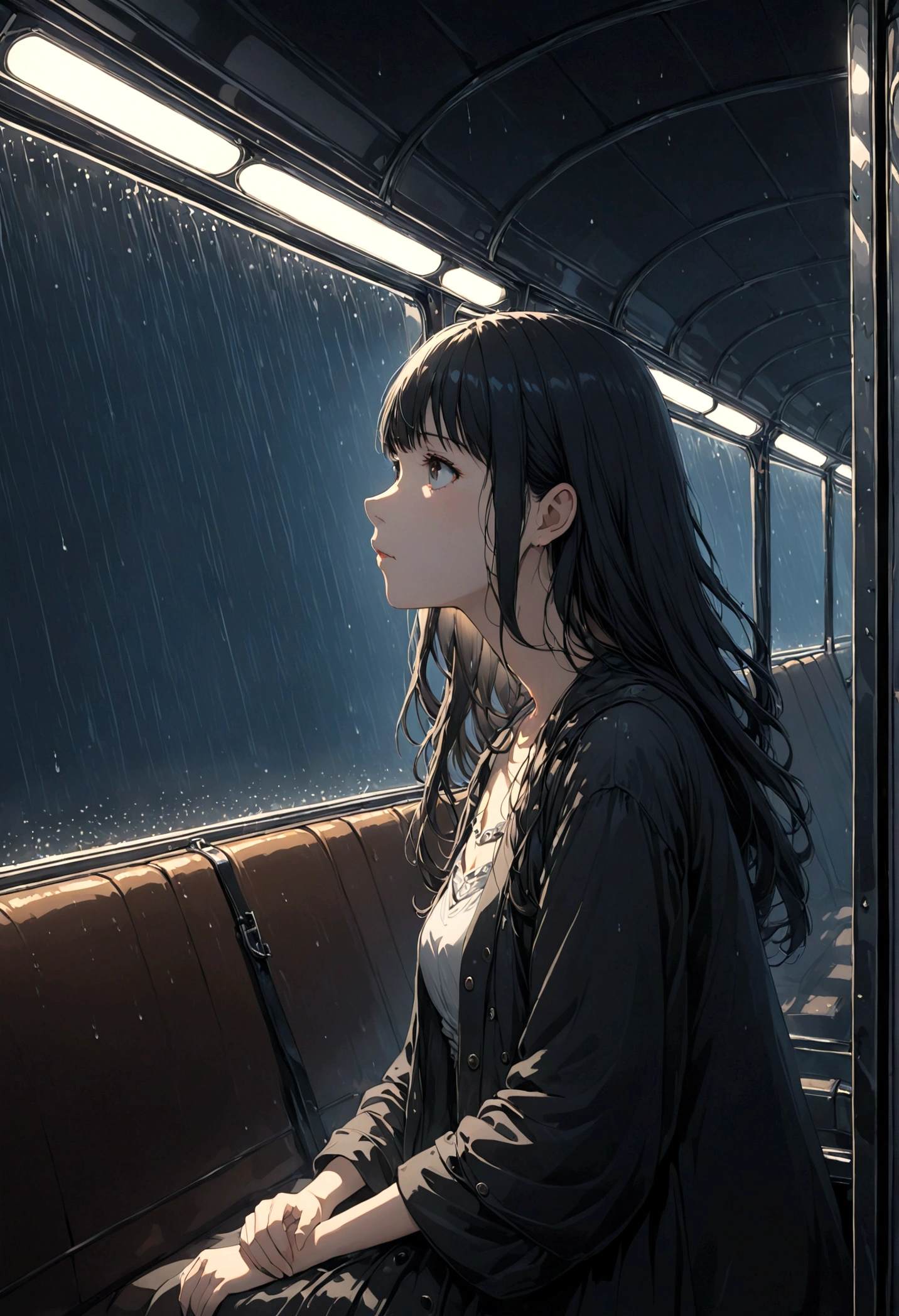 ((masterpiece), Absurd quality, 16k, detailed, (masterpiece:1.2), (pale_skin:1.2), (alone:1.2), (woman), thin, (Shine_eye), Long Hair, bangs, Black Hair, Outdoor, No sleeve, Dimly lit subway. The perspective camera captures the entire vehicle. In the carriage, At the very back, In a dark corner not well lit by the flashing lights,The lighting is so dim that I can barely see anything. The girl in profile is breathing in the cold air from her breath. A dim light shines in from outside through the cold raindrops on the fogged-up windows, illuminating the atmosphere inside the car..A girl with a calm and thoughtful expression