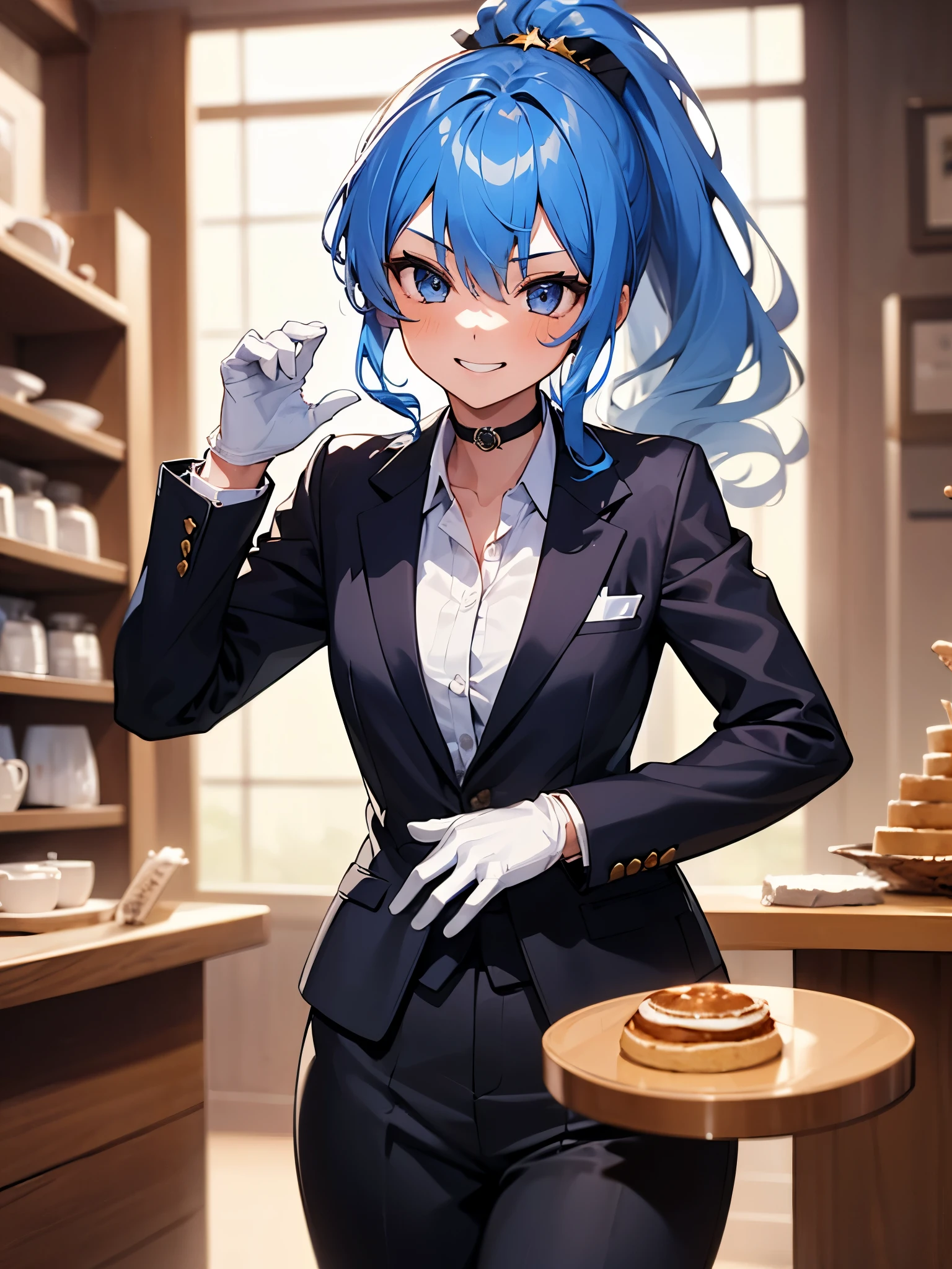 (One girl:1.5),Star Town Suisei、blue eyes、Blue Hair、choker、Hair between the eyes、Medium Hair、ponytail、星のchoker,Tuxedo,Suit pants,outer coat,gentleman,White gloves,(Perfect hands),(Perfect Anatomy),(masterpiece),(highest quality),Cool smile,Coffee shop