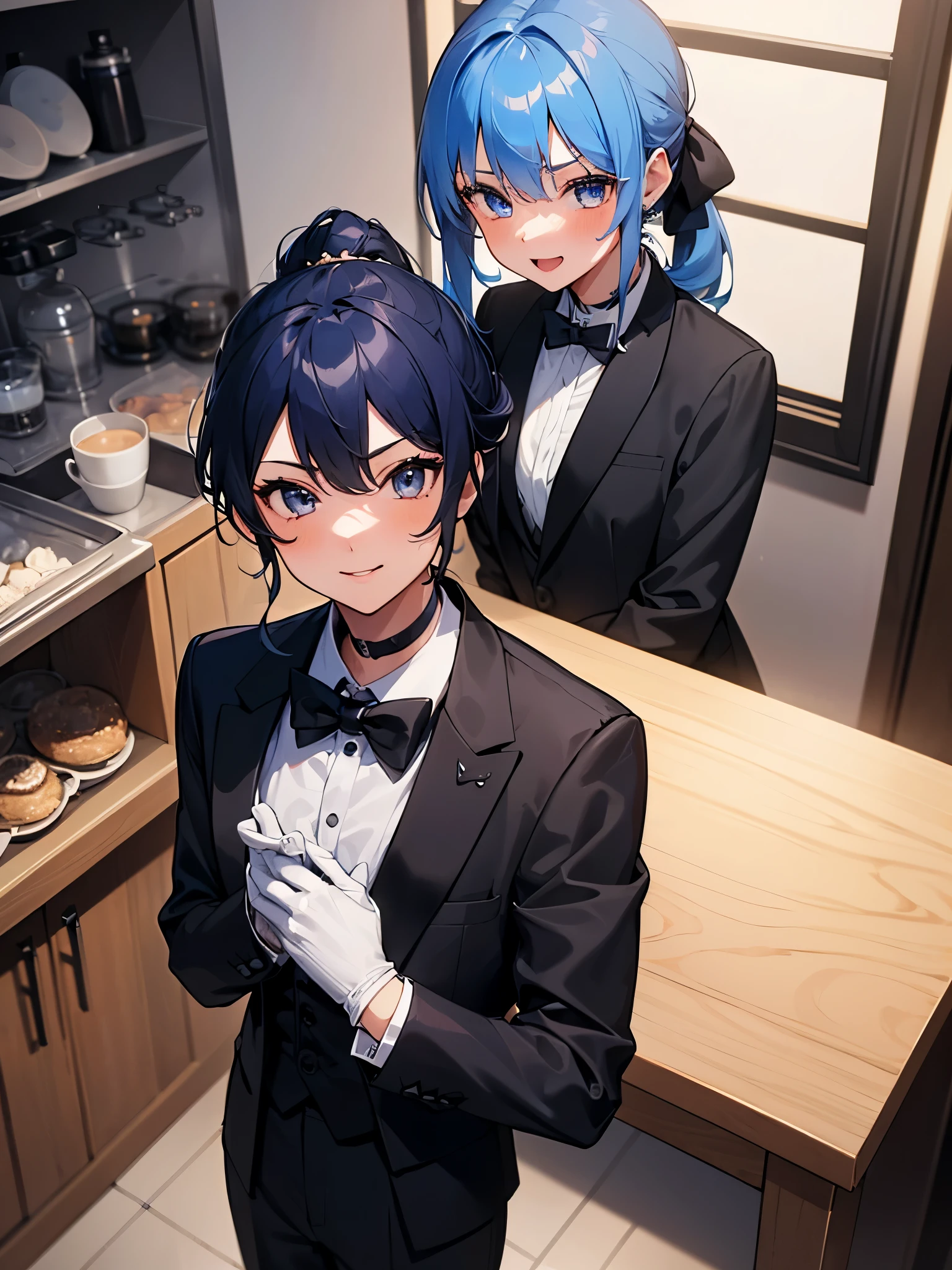 (One girl:1.5),Star Town Suisei、blue eyes、Blue Hair、choker、Hair between the eyeedium Hair、ponytail、星のchoker,(Tuxedo:1.5),Suit pants,outer coat,gentleman,White gloves,(Perfect hands),(Perfect Anatomy),(masterpiece),(highest quality),Cool smile,Coffee shop