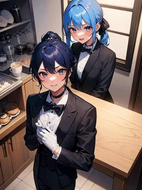 (one girl:1.5),star town suisei、blue eyes、blue hair、choker、hair between the eyeedium hair、ponytail、星のchoker,(tuxedo:1.5),suit pa...