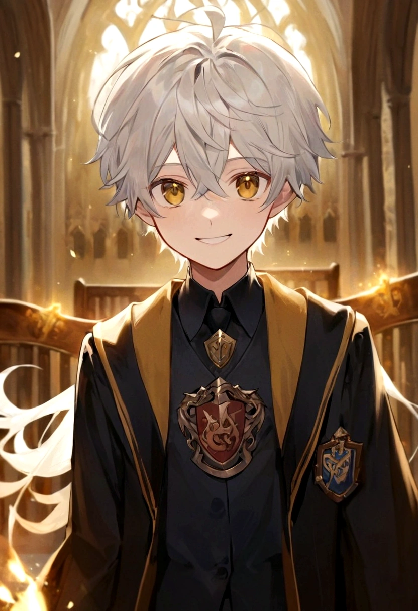 Ravenclaw uniform, Ravenclaw emblem, black robe. Beautiful face boy. Very smart. white Hair. Amber yellow eyes. Hogwarts. Cheerful. Smile