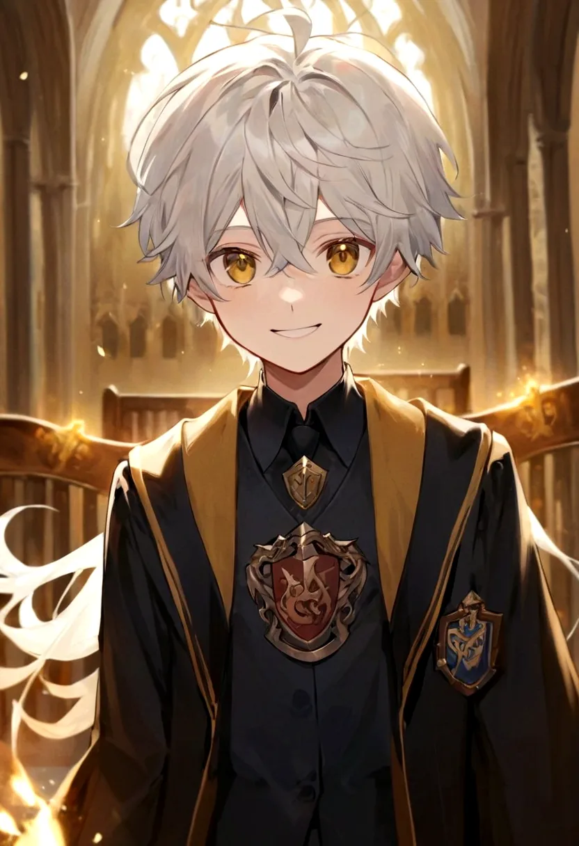 ravenclaw uniform, ravenclaw emblem, black robe. beautiful face boy. very smart. white hair. amber yellow eyes. hogwarts. cheerf...