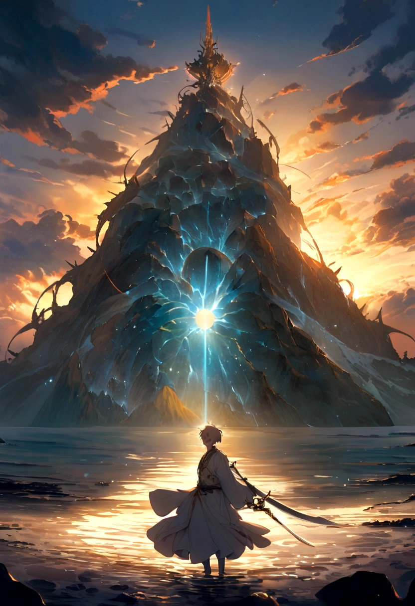 In a mesmerizing silhouetted scene of a giant moon with its surface marked by vividly detailed craters, with radiant sunlight, in a fantastical world bathed in ethereal light, a lone young man who is carrying a sword stands confidently on a serene beach, looking forward with determination in her eyes, with blue waves gently kissing the shore. Behind him, the landscape is both familiar and otherworldly, with ancient structures partially submerged in water, giving the impression that once upon a time there was a great civilization, now in ruins. He has spiky blond hair that shines in the sun, a reflection of his vibrant and adventurous spirit. Around the neck hangs a distinctive pendant, reflecting the light with a touch of mystery. In his hand he holds an enormous sword, beautifully crafted and ornamented with stones, its blade glowing with a magical aura, suggesting that this weapon is not just for combat. The atmosphere is filled with a sense of tranquility, mystery, serenity and adventure. The young man looks at the horizon with a determined and victorious expression, as if he is ready to embark on a new journey, face an imminent challenge or cast a powerful spell.