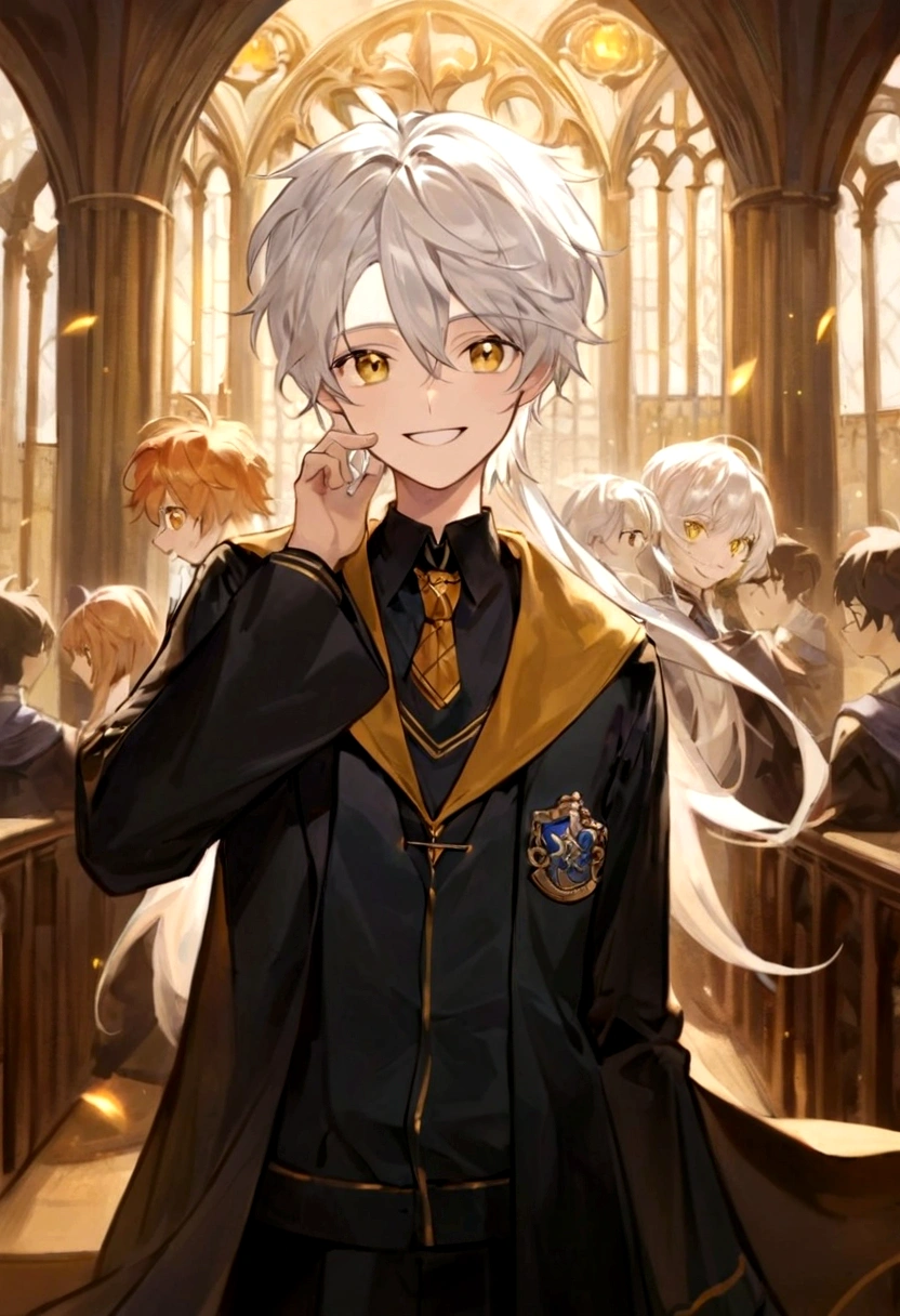 Ravenclaw uniform, Ravenclaw emblem, black robe. One Beautiful face boy. Very smart. white Hair. Amber yellow eyes. Hogwarts. Cheerful. Smile