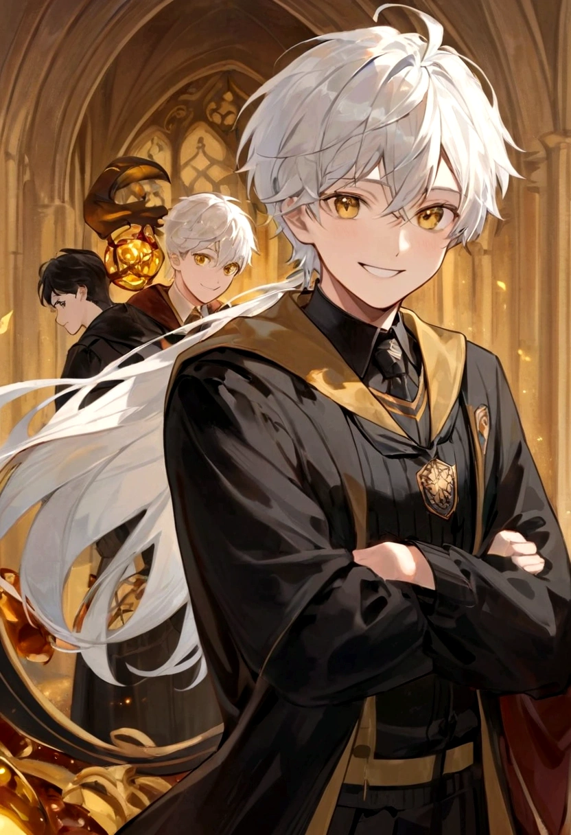 Ravenclaw uniform, Ravenclaw emblem, black robe. Beautiful face boy. Very smart. white Hair. Amber yellow eyes. Hogwarts. Cheerful. Smile