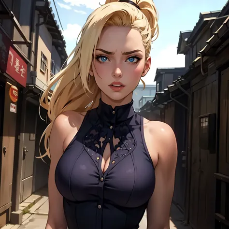 masterpiece, best quality at best, 1girl, ino yamanaka, blonde hair, ((medium sized breast:1.3)), shocked expression, (upperbody...