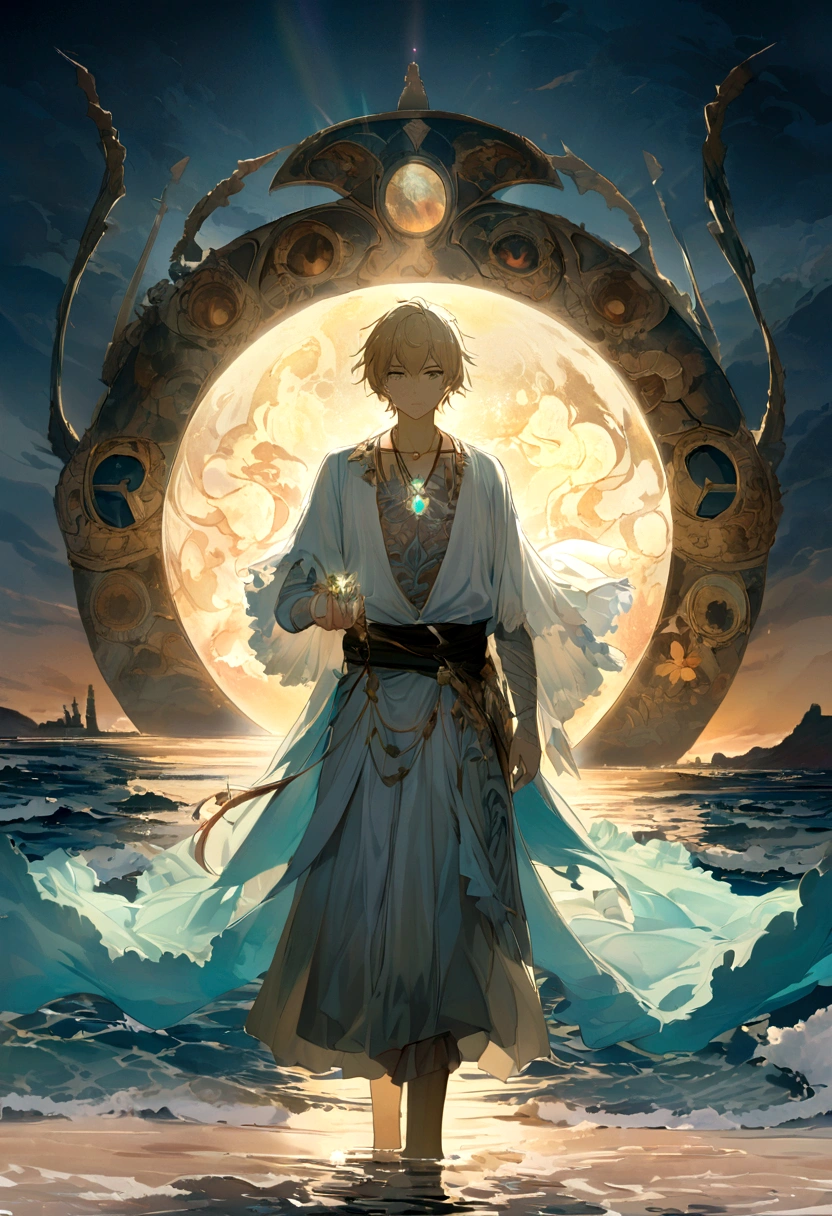 In a mesmerizing silhouetted scene of a giant moon with its surface marked by vividly detailed craters, with radiant sunlight, in a fantastical world bathed in ethereal light, a lone young man who is carrying a sword stands confidently on a serene beach, looking forward with determination in her eyes, with blue waves gently kissing the shore. Behind him, the landscape is both familiar and otherworldly, with ancient structures partially submerged in water, giving the impression that once upon a time there was a great civilization, now in ruins. He has spiky blond hair that shines in the sun, a reflection of his vibrant and adventurous spirit. Around the neck hangs a distinctive pendant, reflecting the light with a touch of mystery. In his hand he holds an enormous sword, beautifully crafted and ornamented with stones, its blade glowing with a magical aura, suggesting that this weapon is not just for combat. The atmosphere is filled with a sense of tranquility, mystery, serenity and adventure. The young man looks at the horizon with a determined and victorious expression, as if he is ready to embark on a new journey, face an imminent challenge or cast a powerful spell. ((front-side)) ((8k)