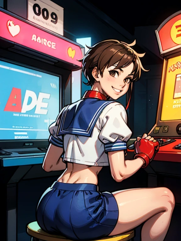 sakura kasugano, Brown eyes, short brown hair, diadema blanca, Cuello marinero, , mangas cortas, ombligo, falda azul, guantes rojos,  mirando la pantalla, jugado, grave, sonrisa, session,de_behind,  adentro, arcade, gabinete arcade, neon lighting, Alta calidadsakura kasugano, brown eyes, short brown hair, white headband, sailor collar, , short sleeves, navel, blue skirt, red gloves,  looking back at viewer, serious, grin, sitting,from_behind,  inside, arcade, arcade cabinet, neon lighting, high quality, masterpiece,  obra maestra,  stand, playing