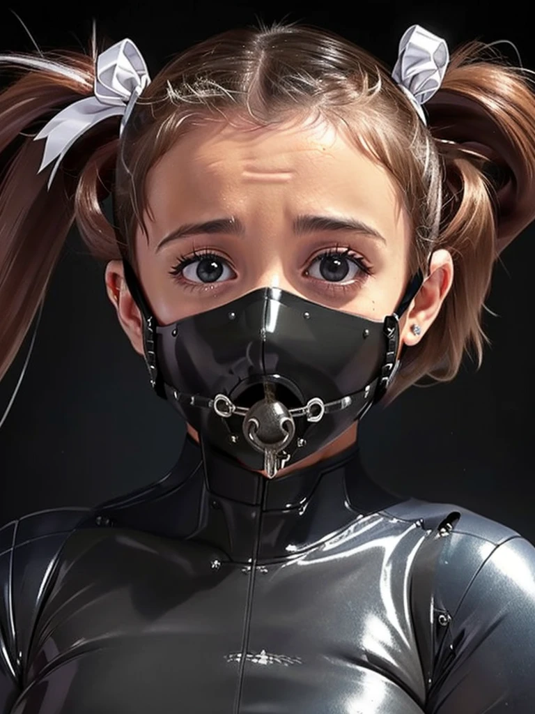 (Ariana Grande, bdsm, bondage, muzzle covering mouth, drool dripping, drool dangling, breathplay), 8k, realistic, drooling, pleading eyes, dripping wet, waiting to be tortured, muzzle harness, drool all over face, drool all over breasts, breath control, muzzled, sweating, exact likeness 