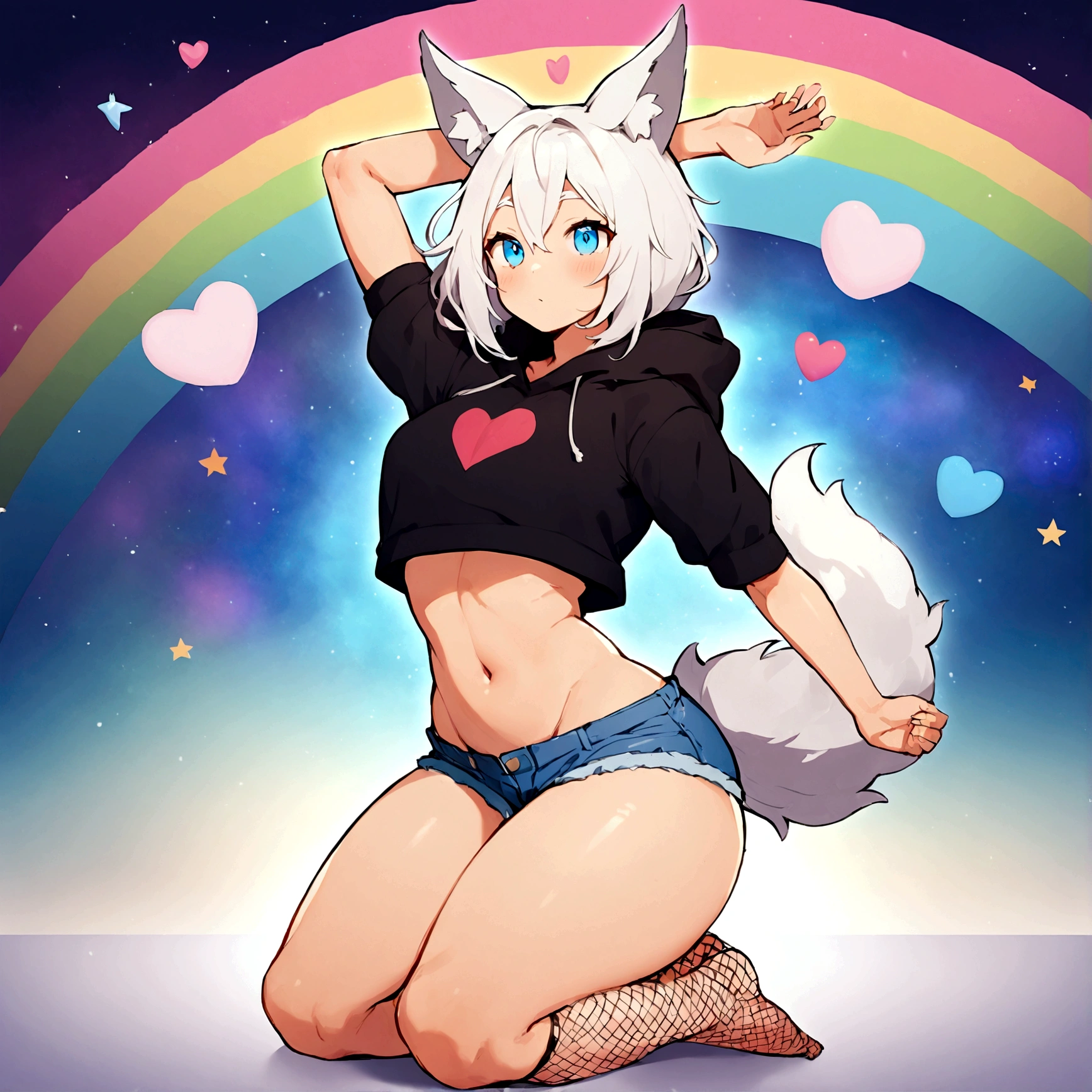 a cute adult male with wolf ears, white hair, has a wolf tail, wearing a loose cropped oversized black hoodie, wearing a pair of denim short shorts and fishnet stockings, thick thighs, wide hips, relaxing on mound of fluffy multi colored kawaii plushies, short, very slim, showing slender tummy, stretching out, heart on hoodie, squishy thighs, has glowing blue eyes. alone, solo (ALONE)(SOLO), surrounded by rainbows, colorful galaxy backround