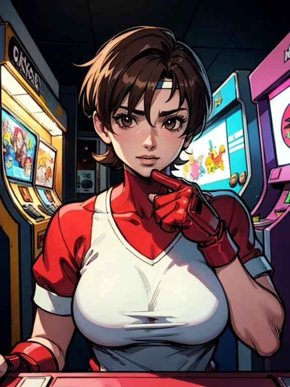 sakura kasugano, Brown eyes, short brown hair, diadema blanca, Cuello marinero, , mangas cortas, ombligo, falda azul, guantes rojos,tease, midle shot, looking at viewer,, closeup, inside a arcade, arcade cabinet, dark, neon lighting, high quality, masterpiece