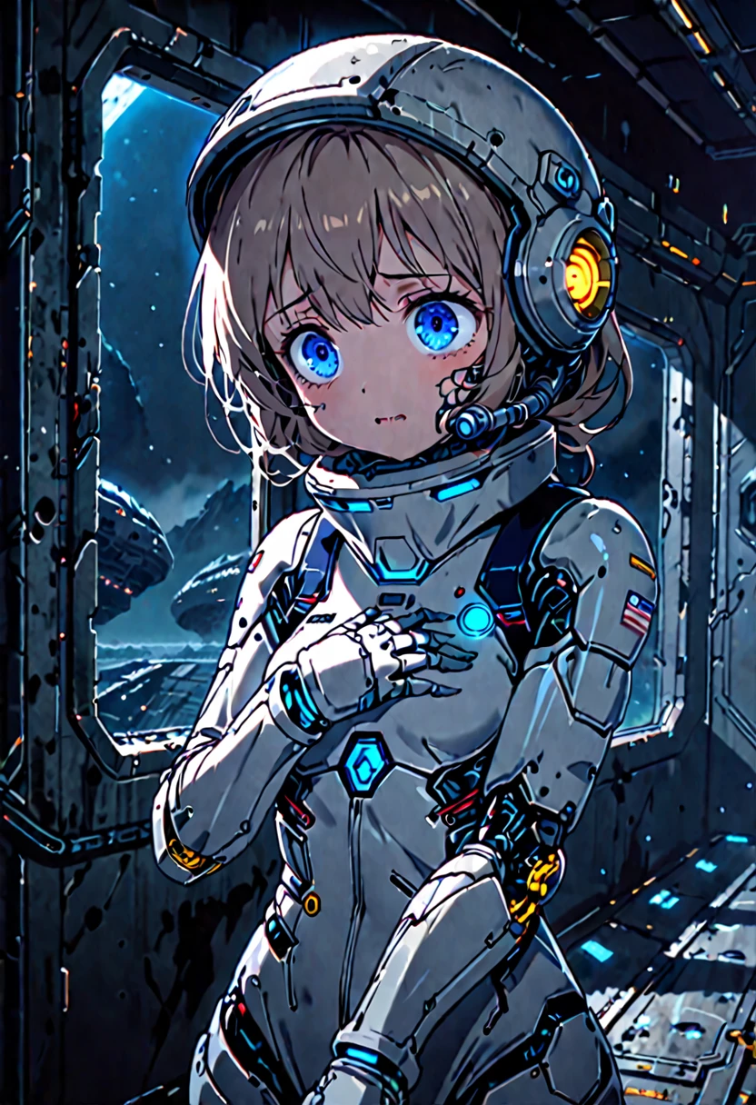 solo, female, sfw, abandoned spaceship, space landscape, dark, scary atmosphere, blue eyes, ((cyborg limbs)), small breasts, hallway, window, cute scared, teary eyes, bulky spacesuit, bulky equipment, worn, astronaut helmet, hands to chest in fear, looking around, close up,
