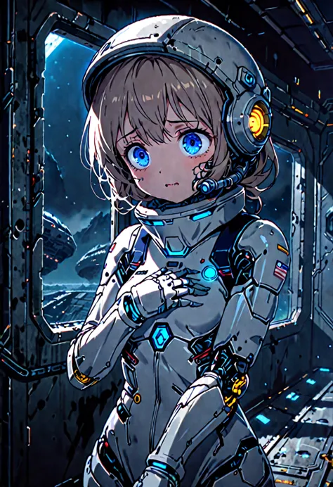 solo, female, sfw, abandoned spaceship, space landscape, dark, scary atmosphere, blue eyes, ((cyborg limbs)), small breasts, hal...