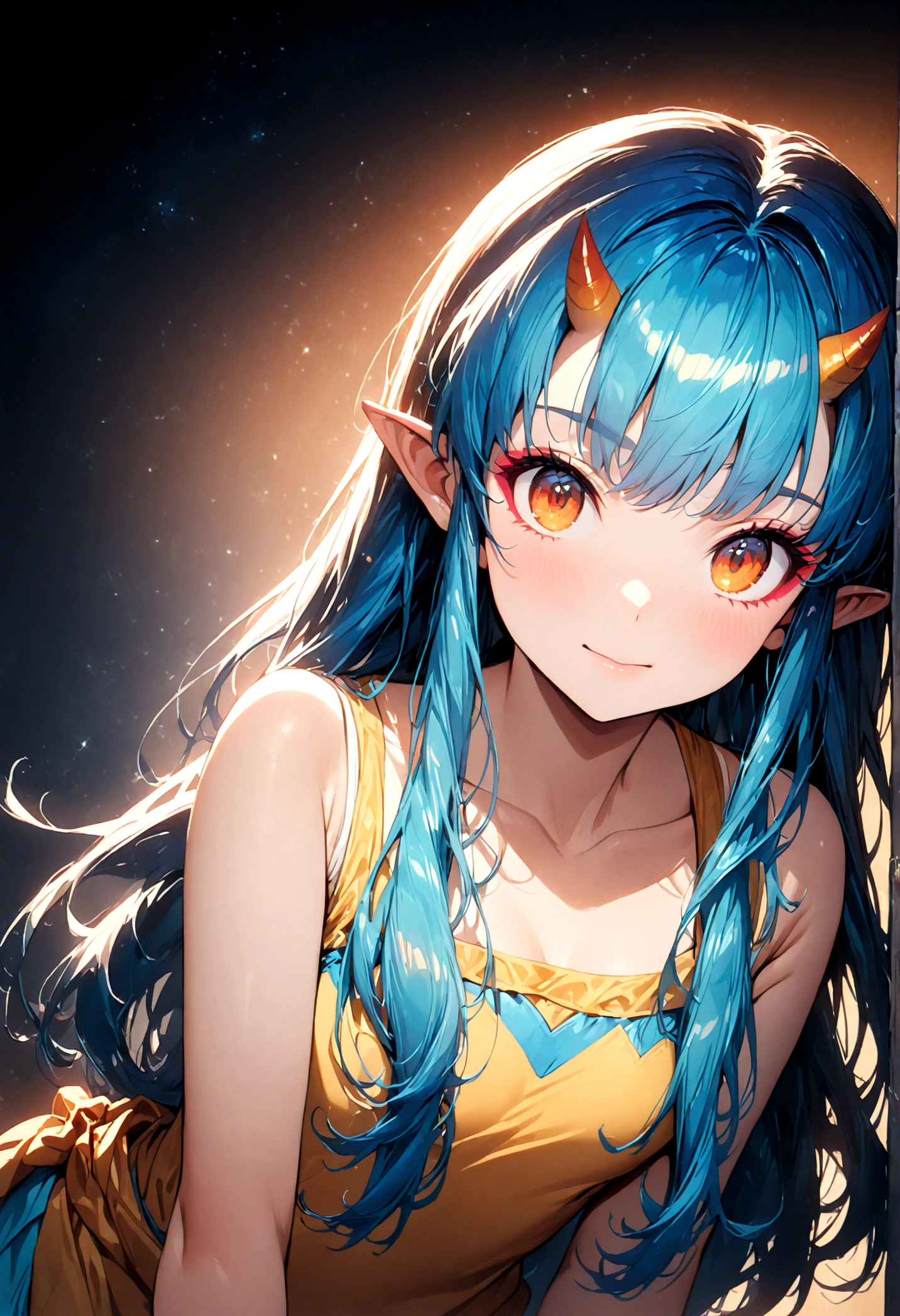 (1 girl,Lum, long hair, bangs, blue hair, orange eyes, horns, pointy ears, aqua hair, oni horns, eyeshadow,),the character Lum from "Urusei Yatsura",Bright and cheerful atmosphere,Background elements such as space or a starry sky,(masterpiece:1.3),(highest quality:1.4),(ultra detailed:1.5),High resolution,extremely detailed,unity 8k wallpaper