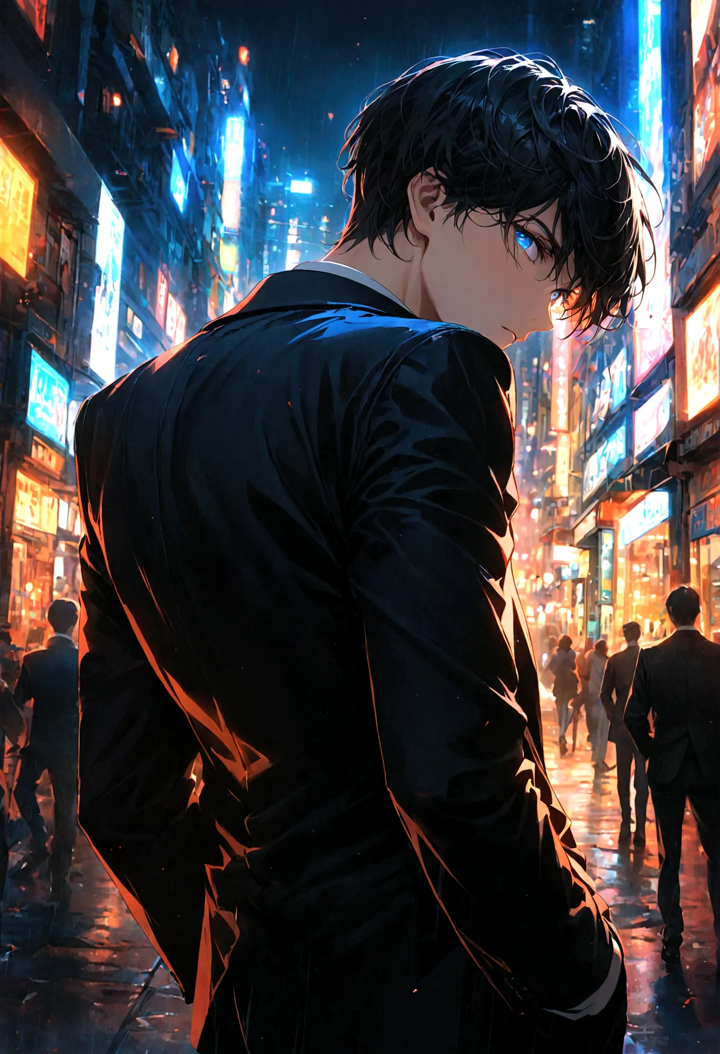 A young man with black hair and blue eyes, all in a black suit, turned his back and half his face in the middle of the city at night.