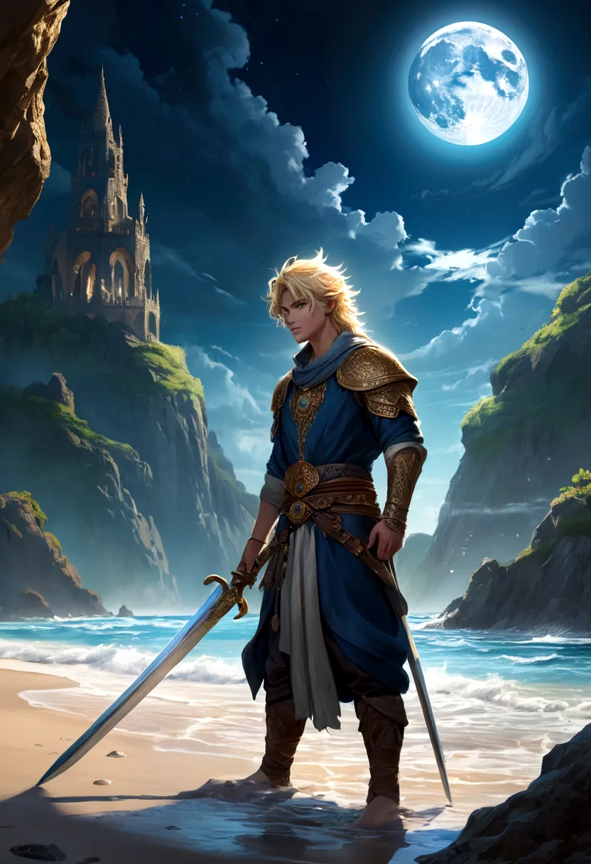 In a mesmerizing silhouetted scene of a giant moon with its surface marked by vividly detailed craters, with radiant sunlight, in a fantastical world bathed in ethereal light, a lone young man who is carrying a sword stands confidently on a serene beach, l...