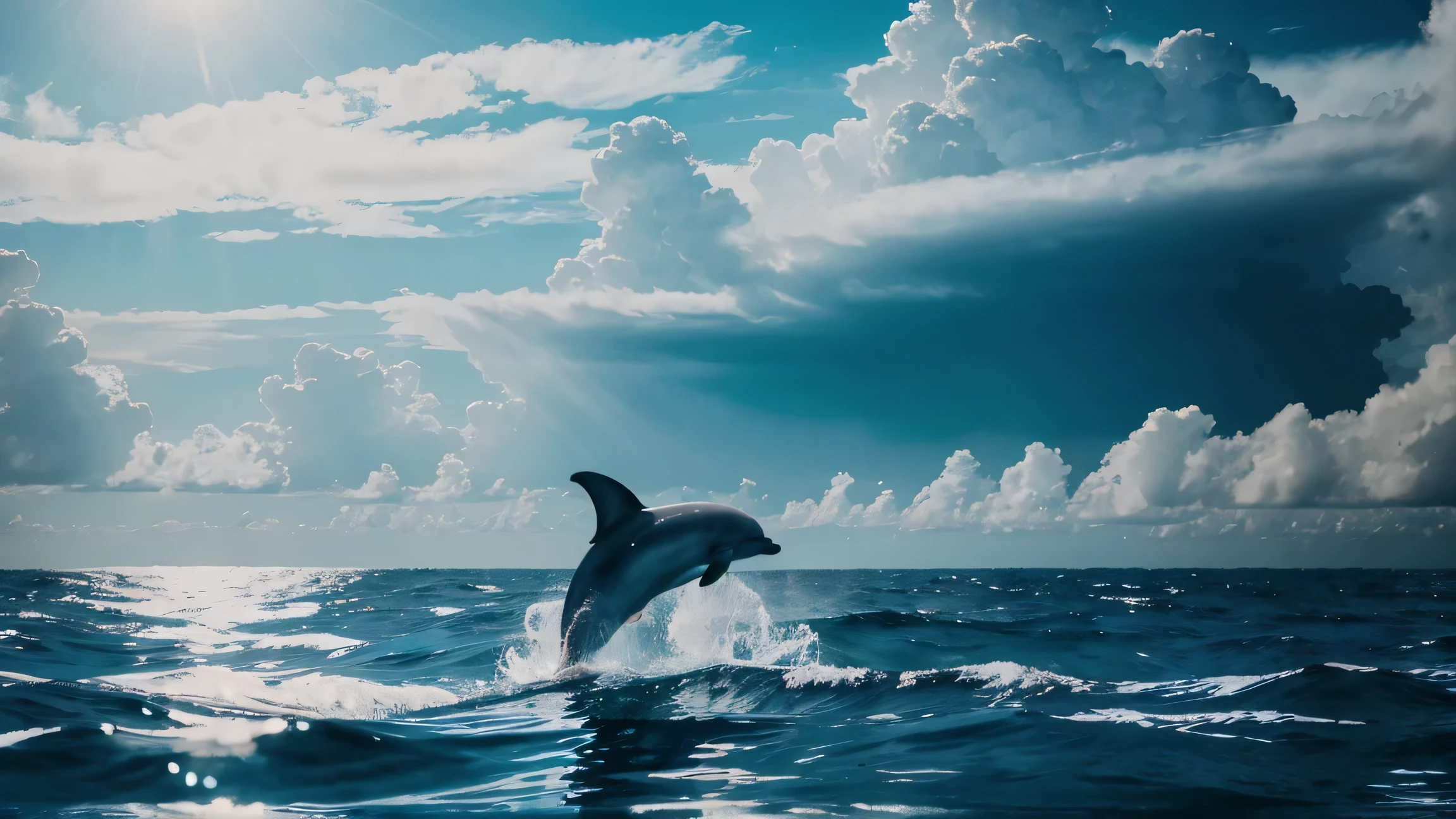 a dolphin coming out of the water, clouds, ocean, rtx, water reflections, smokeanywhere, high contrast, epic cinematic, soft studio lights, rim light, ultra realistic, soft colors, 8K