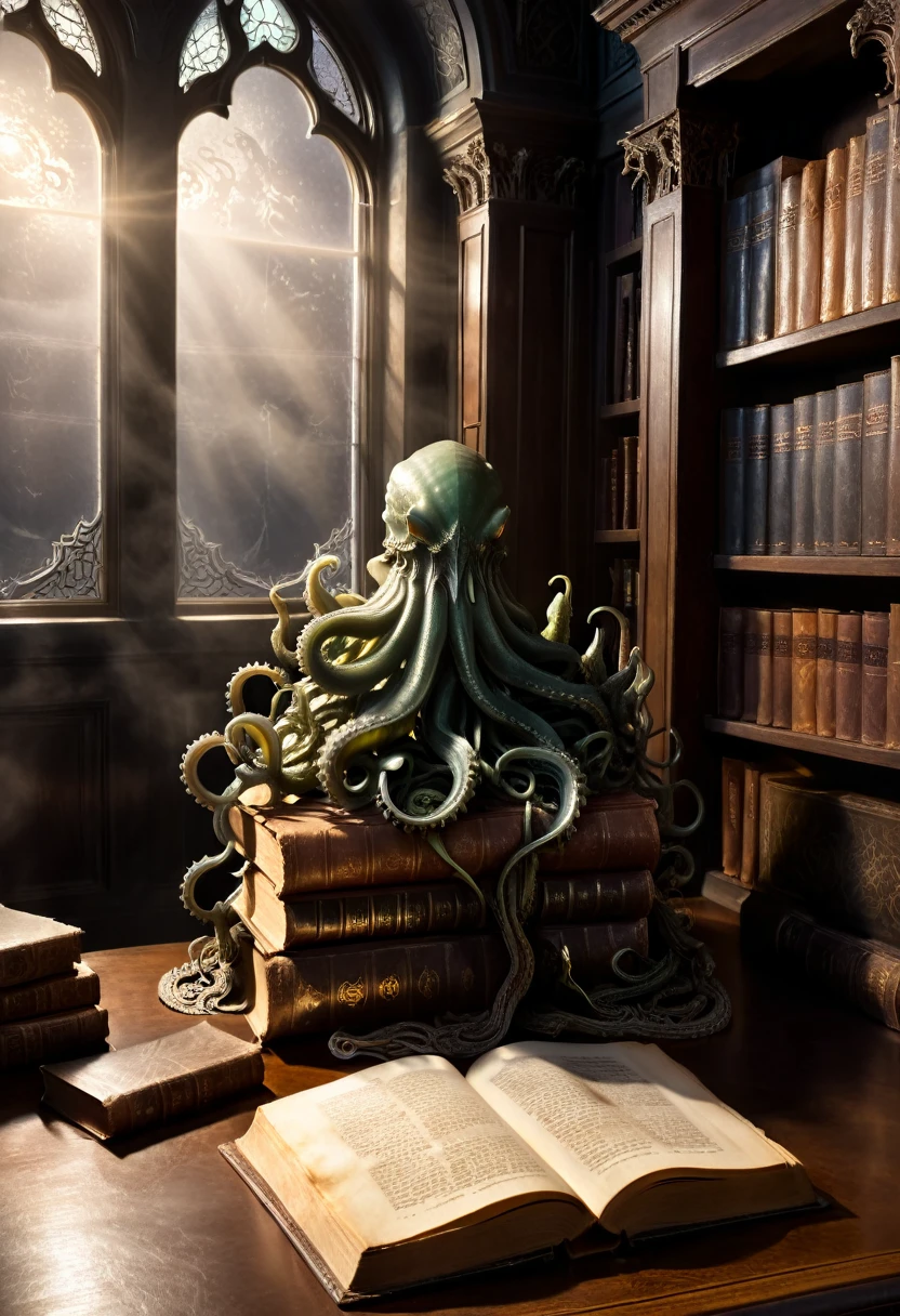 恐怖風格, 圖書館黑暗角落裡的一本舊書, 描繪克蘇魯的觸手, 周圍都是佈滿灰塵的書本, 高窗的光照亮了書本, 背景充滿了圖書館的神秘氣氛, (傑作, 最好的品質, 專業的, 完美的構圖, 非常美观, 荒謬的, 超詳細, 錯綜複雜的細節:1.3)