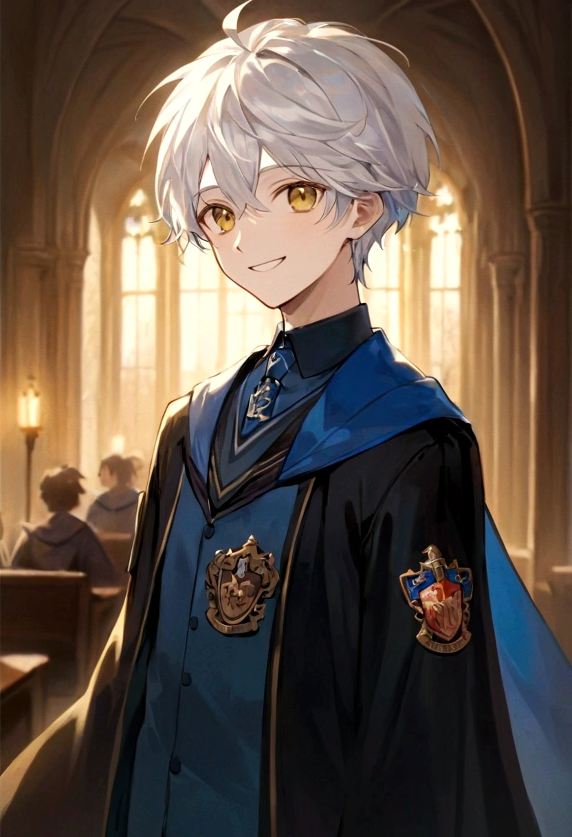 Ravenclaw uniform, Ravenclaw emblem, black robe. Beautiful face boy. Very smart. white Hair. Amber yellow eyes. Hogwarts. Cheerful. Smile. Blue clothes