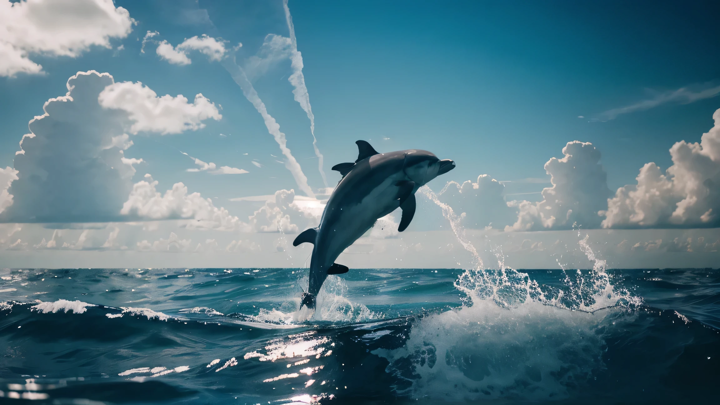 a dolphin coming out of the water, clouds, ocean, rtx, water reflections, smokeanywhere, high contrast, epic cinematic, soft studio lights, rim light, ultra realistic, soft colors, 8K