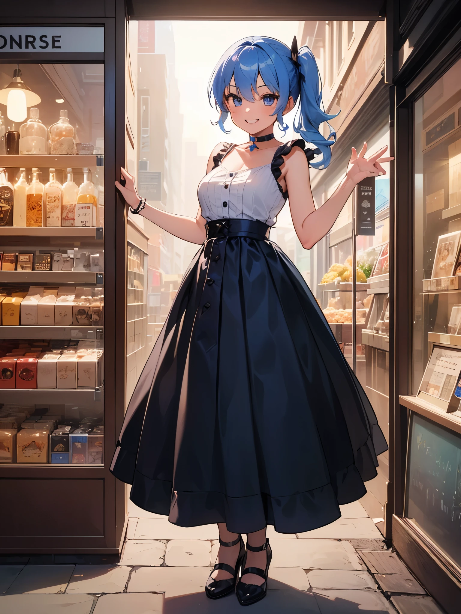 (One girl:1.5),Star Town Suisei、blue eyes、Blue Hair、choker、Hair between the eyes、Medium Hair、Side Ponytail、星のchoker,Frilled shirt,Tank top,Long skirt,Wedge heels,(Perfect hands),(Perfect Anatomy),(masterpiece),(highest quality),(A big smile:1.5),Department Wah Street,shop window