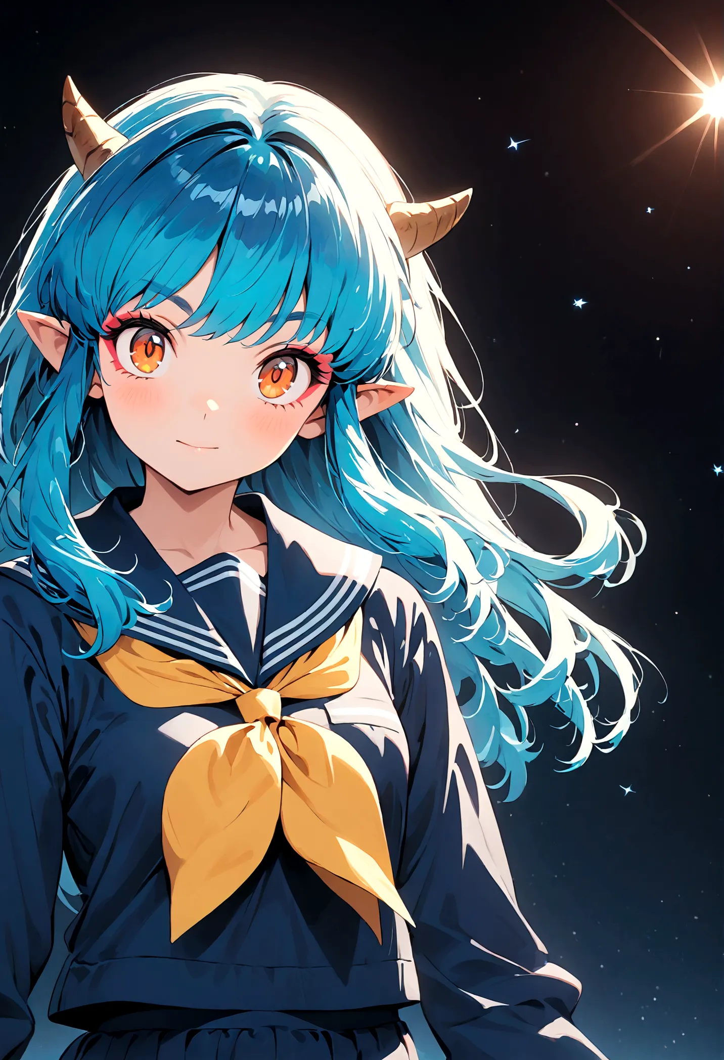 takahashi rumiko style,(1 girl,lum, long hair, bangs, blue hair, orange eyes, horns, pointy ears, aqua hair, oni horns, eyeshado...