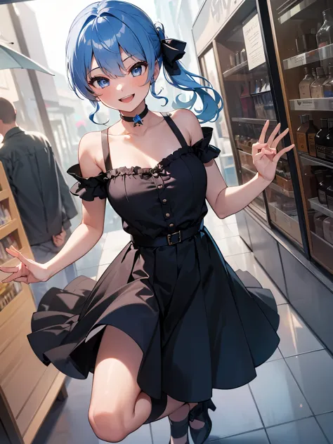 (one girl:1.5),star town suisei、blue eyes、blue hair、choker、hair between the eyes、medium hair、side ponytail,small breasts,星のchoke...