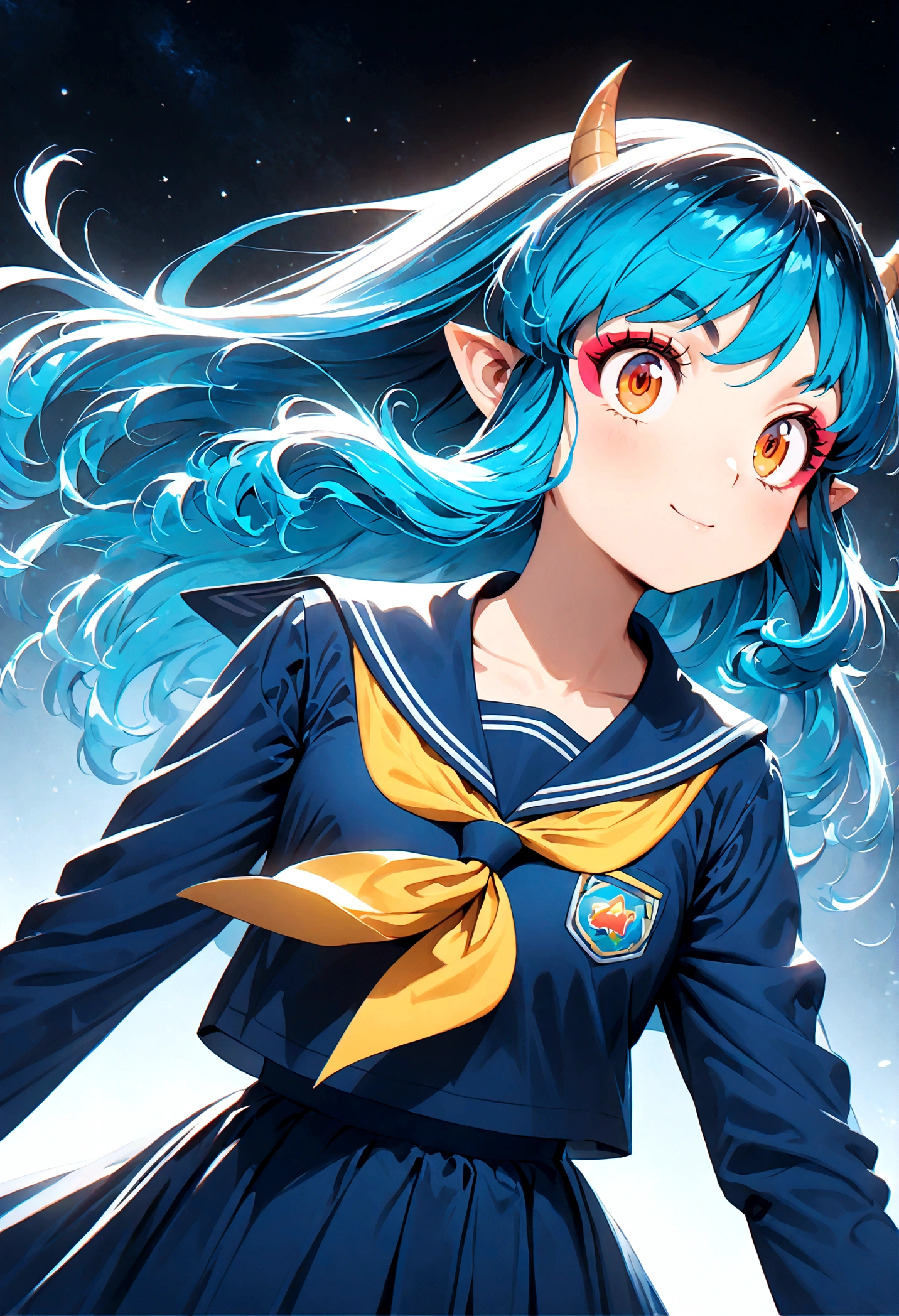 takahashi rumiko style,(1 girl,Lum, long hair, bangs, blue hair, orange eyes, horns, pointy ears, aqua hair, oni horns, eyeshadow,),shirt, long sleeves, , serafuku, sailor collar, neckerchief, yellow neckerchief, shirt, blue shirt, blue sailor collar, blue skirt,,the character Lum from "Urusei Yatsura",Bright and cheerful atmosphere,Background elements such as space or a starry sky,(masterpiece:1.3),(highest quality:1.4),(ultra detailed:1.5),High resolution,extremely detailed,unity 8k wallpaper