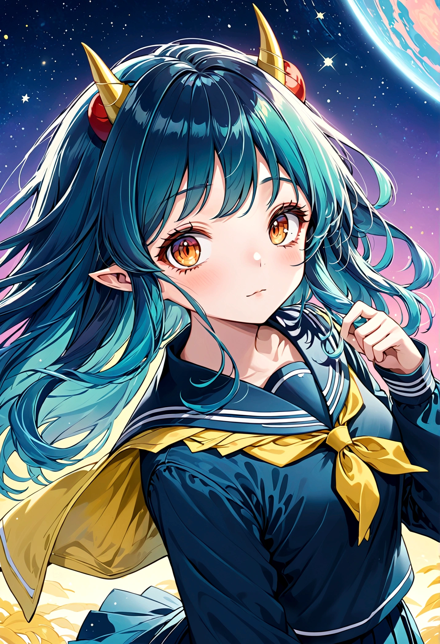 takahashi rumiko style,(1 girl,Lum, long hair, bangs, blue hair, orange eyes, horns, pointy ears, aqua hair, oni horns, eyeshadow,),shirt, long sleeves, , serafuku, sailor collar, neckerchief, yellow neckerchief, shirt, blue shirt, blue sailor collar, blue skirt,,the character Lum from "Urusei Yatsura",Bright and cheerful atmosphere,Background elements such as space or a starry sky,(masterpiece:1.3),(highest quality:1.4),(ultra detailed:1.5),High resolution,extremely detailed,unity 8k wallpaper