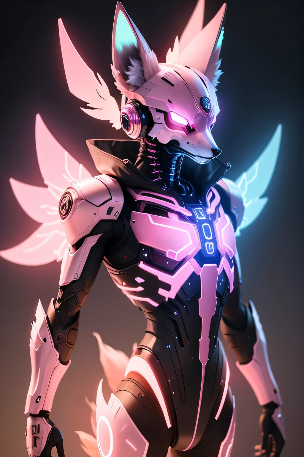 un renard rose brillant avec un androïde cyborg métallique regardant un crâne de renard comme un visage avec des griffes métalliques des ailes bleues rougeoyantes flottant autour de son dos