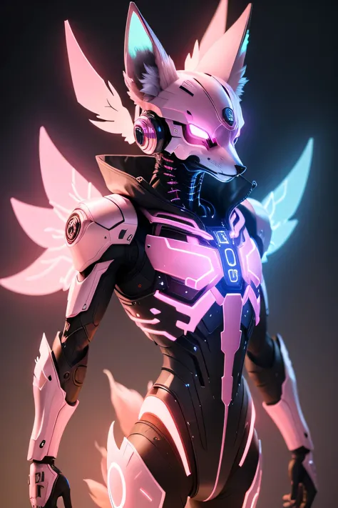 a pink glowing fox with a metalic cyborg android looking fox skull as a face with metal claws bleu glowing wings floathing aroun...