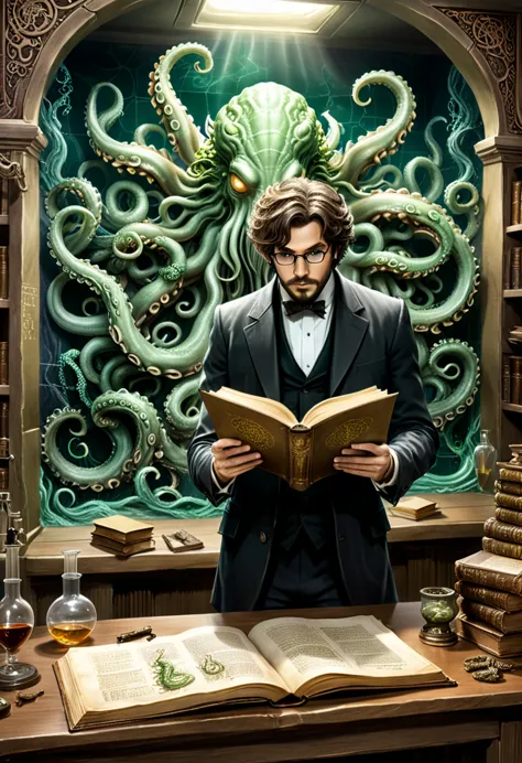 A professor with messy hair is studying a thick ancient book in a laboratory full of Cthulhu's tentacles. Pictures of Cthulhu's ...