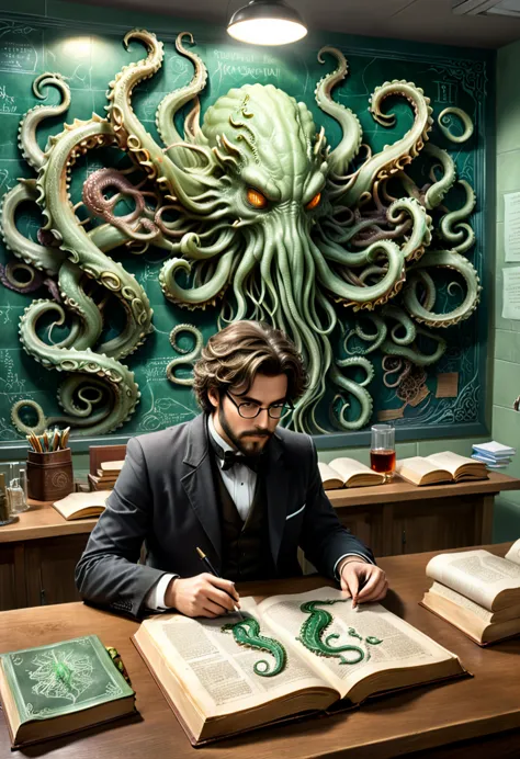 A professor with messy hair is studying a thick ancient book in a laboratory full of Cthulhu's tentacles. Pictures of Cthulhu's ...