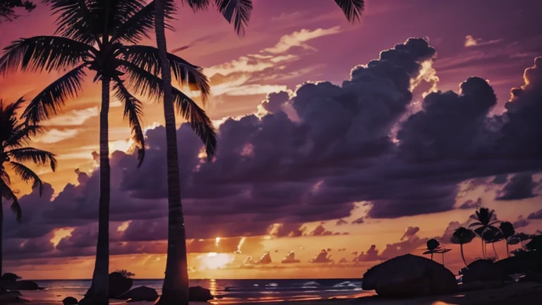 a strikingly vibrant sunset scene by the ocean. The sky is dominated by intense shades of pink and magenta, creating a surreal and dramatic backdrop. The sun, partially set, appears as a bright orange semicircle near the horizon, casting a warm glow across the scene. Silhouetted against this colorful sky are several tall, slender palm trees. These trees, with their long, narrow trunks and clustered fronds at the top, are positioned along a narrow strip of land that separates the ocean from a body of still water in the foreground.
The water in the foreground is perfectly calm, acting as a mirror that reflects the vivid colors of the sky and the dark silhouettes of the palm trees. This reflection creates a symmetrical and visually captivating effect, enhancing the sense of tranquility and beauty in the scene.
Overall, the image captures the essence of a tropical paradise at sunset, with the dramatic color palette and serene composition evoking a sense of calm and wonder.