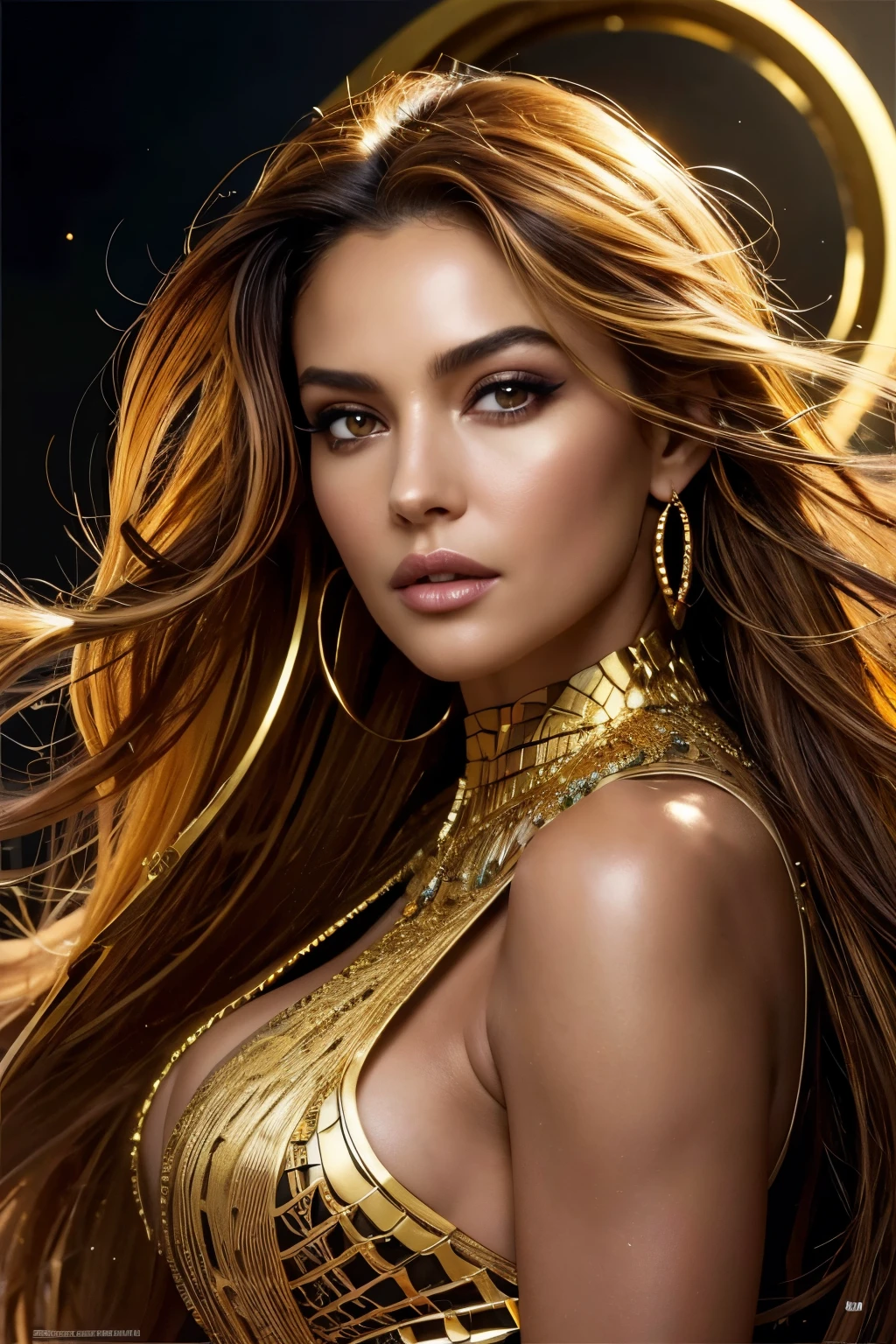 1. Elemento Oro:
Crea el retrato más bello y atractivo de una diosa que representa el oro., Adornada con un atuendo muy contrastante que brilla y resplandece bajo el juego de luces y sombras.. Su maquillaje hace eco de los vibrantes tonos dorados., Con detalles intrincados que llaman la atención.. Una hermosa mujer con un rostro detallado., cuerpo completo, y bien, Cabello con mechas realistas en un color que refleja el oro líquido.. La composición es llamativa, con una paleta vibrante que es tendencia en ArtStation. La foto del estudio es nítida., Con un enfoque en los detalles intrincados, Dando un acabado hiperrealista y muy detallado., Adecuado para una imagen con resolución 8k realizada por Greg R.