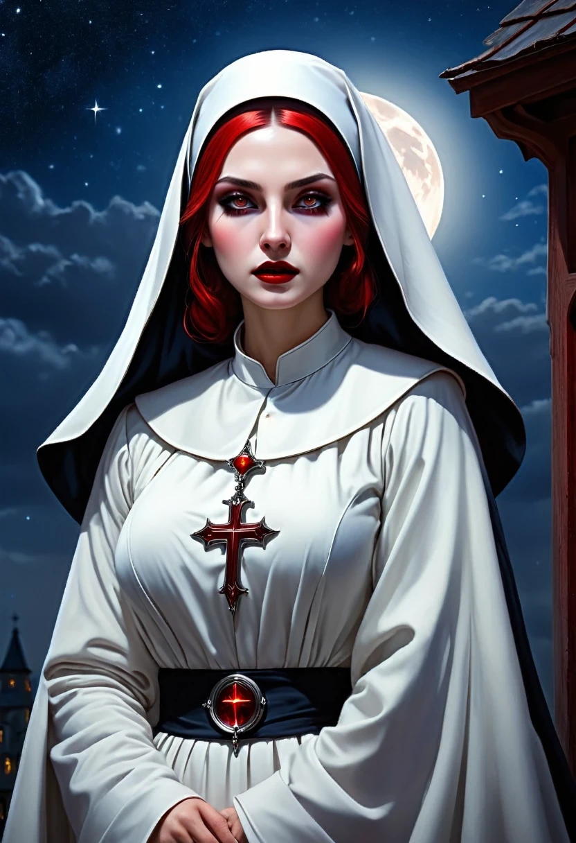 a picture of an exquisite beautiful female (nun: 1.3) vampire standing under the starry night sky on the porch of her monastary, action shot, dynamic angle (ultra detailed, Masterpiece, best quality), ultra detailed face (ultra detailed, Masterpiece, best quality), ultra feminine, (pale skin: 1.3), red hair, wavy hair, dynamic eyes color, cold eyes, glowing eyes, intense eyes, dark red lips, ((fangs: 1.1)), wearing white nun habit (ultra detailed, Masterpiece, best quality), wearing blue cloak (ultra detailed, Masterpiece, best quality), long cloak, flowing cloak (ultra detailed, Masterpiece, best quality), wearing high heeled boots, sky full of stars background, moon, bats flying about, action shot, high details, best quality, 16k, [ultra detailed], masterpiece, best quality, (ultra detailed), full body, ultra wide shot, photorealism, dark fantasy art, dark fantasy art, gothic art, many stars, dark fantasy art, gothic art, sense of dread,  GlowingRunesAI_red