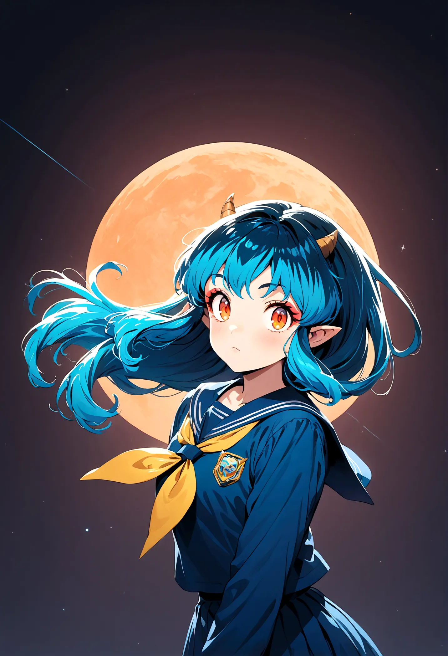 takahashi rumiko style,(1 girl,Lum, long hair, bangs, blue hair, orange eyes, horns, pointy ears, aqua hair, oni horns, eyeshado...