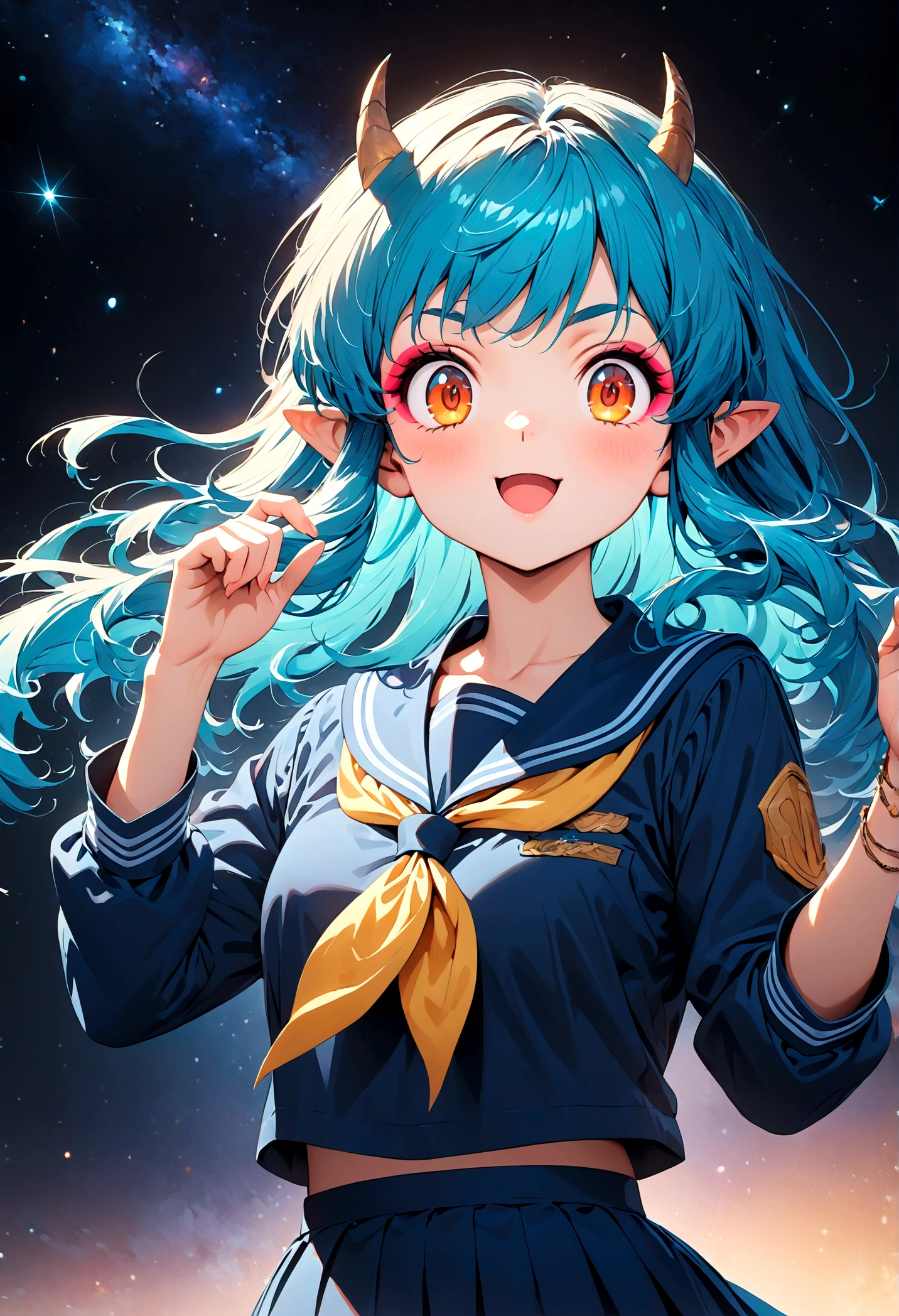 takahashi rumiko style,(1 girl,Lum, long hair, bangs, blue hair, orange eyes, horns, pointy ears, aqua hair, oni horns, eyeshadow,),shirt, long sleeves, , serafuku, sailor collar, neckerchief, yellow neckerchief, shirt, blue shirt, blue sailor collar, blue skirt,,the character Lum from "Urusei Yatsura",Bright and cheerful atmosphere,Background elements such as space or a starry sky,(masterpiece:1.3),(highest quality:1.4),(ultra detailed:1.5),High resolution,extremely detailed,unity 8k wallpaper