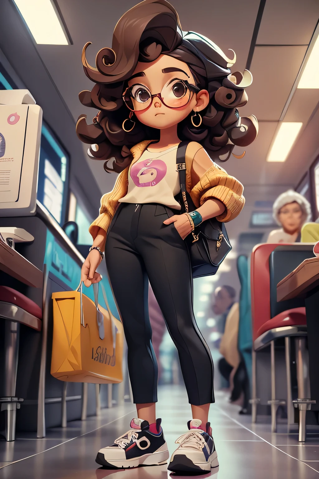 uma personagem feminina, 11 anos, with glasses, medium curly hair, aproximadamente 1,5 metro de altura, camisa branca, black pants, all star sneakers.