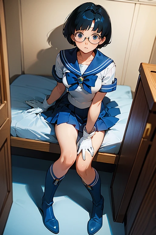 A short-haired, black-haired, freckled high school girl with glasses is dressed as Sailor Mercury in her room, wearing white gloves and blue boots with a shy look on her face.