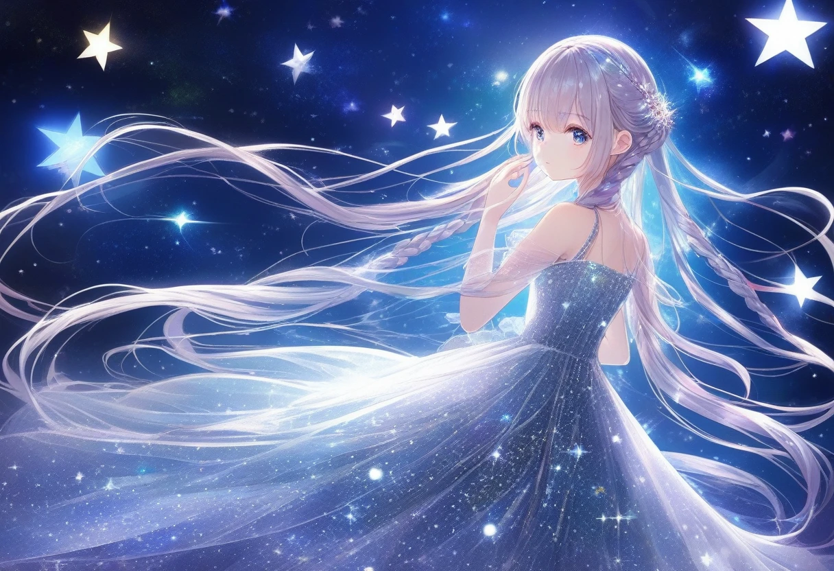 (masterpiece, best quality: 1.2), high resolution, high quality,cute 1girl, shiny luminous hair, very long hair, braids, transparent dress covered in glitter, stars
