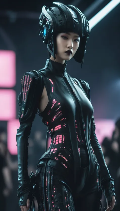 A fashion runway for alien technology , Cyberpunk fashion photography , Inspired by Chinese Xianxia and dark gothic。(Best qualit...